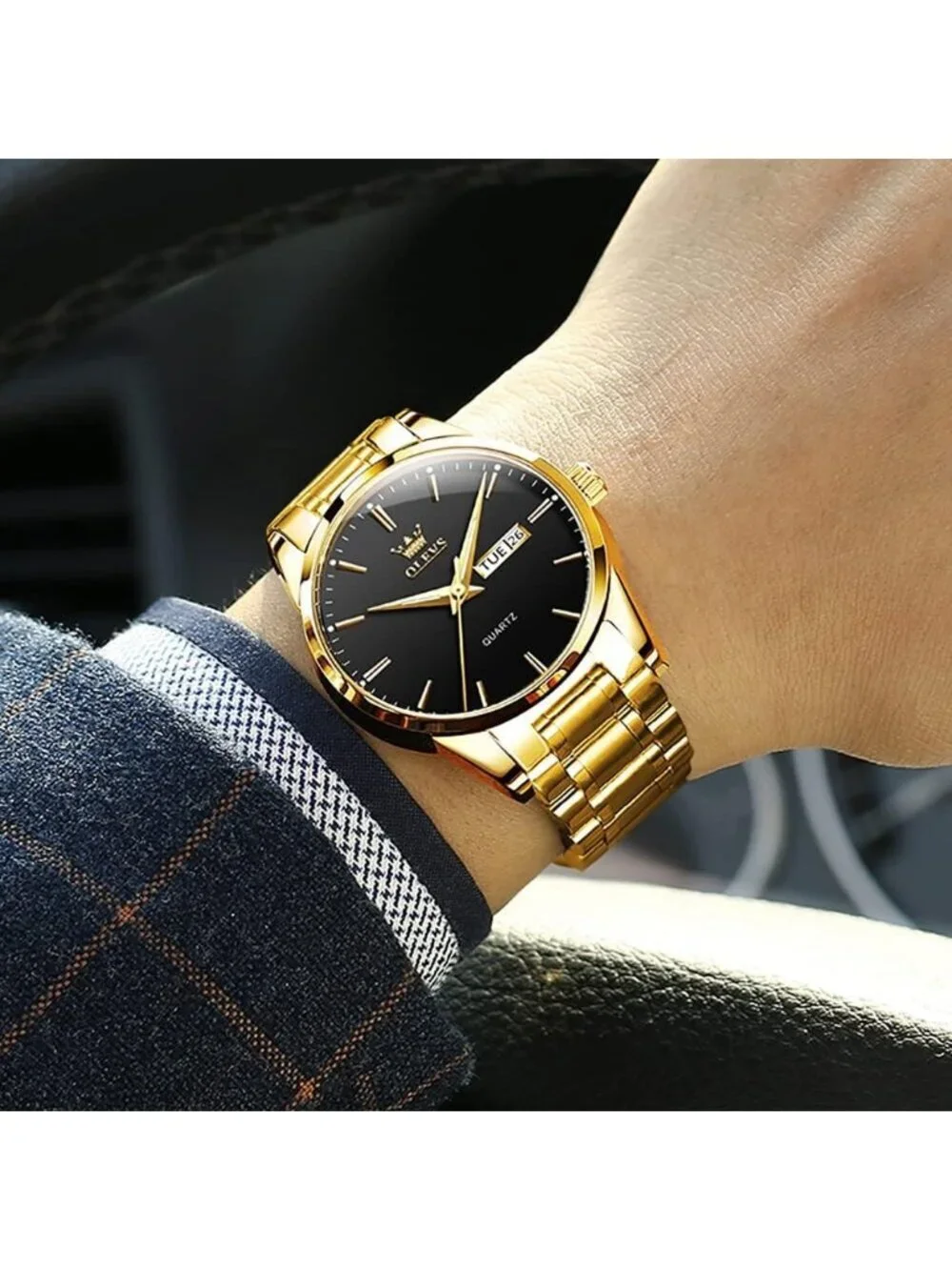 Men's Gold Black Stainless Steel Luminous Quartz Waterproof Round Classic Watch